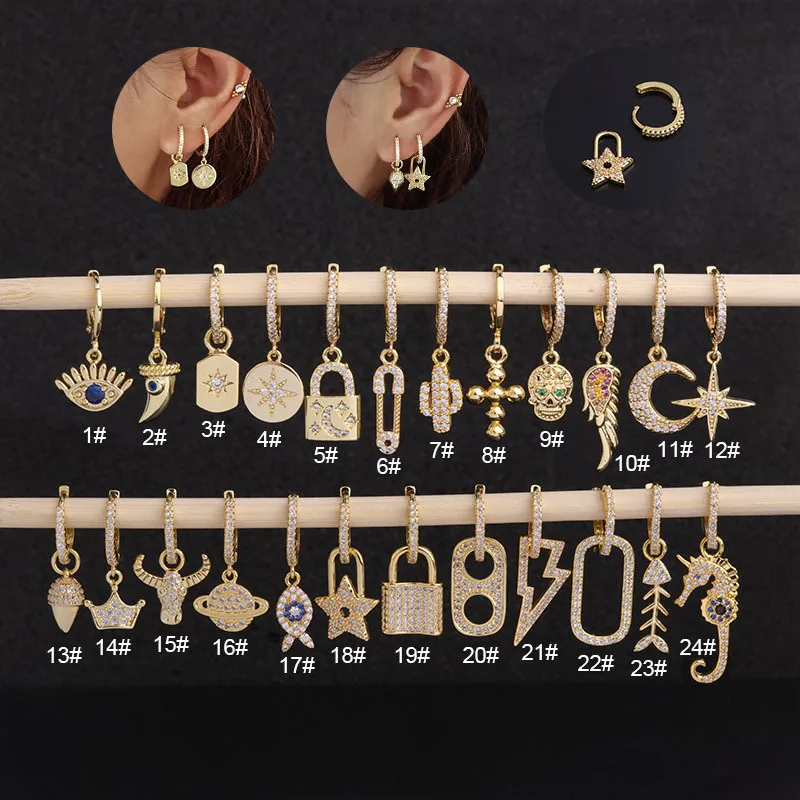 

Fashion Animal Eye Moon Star Zircon Diamond Gold Plated Earring Set Huggie Hoop Drop Earring Jewelry Women Earrings
