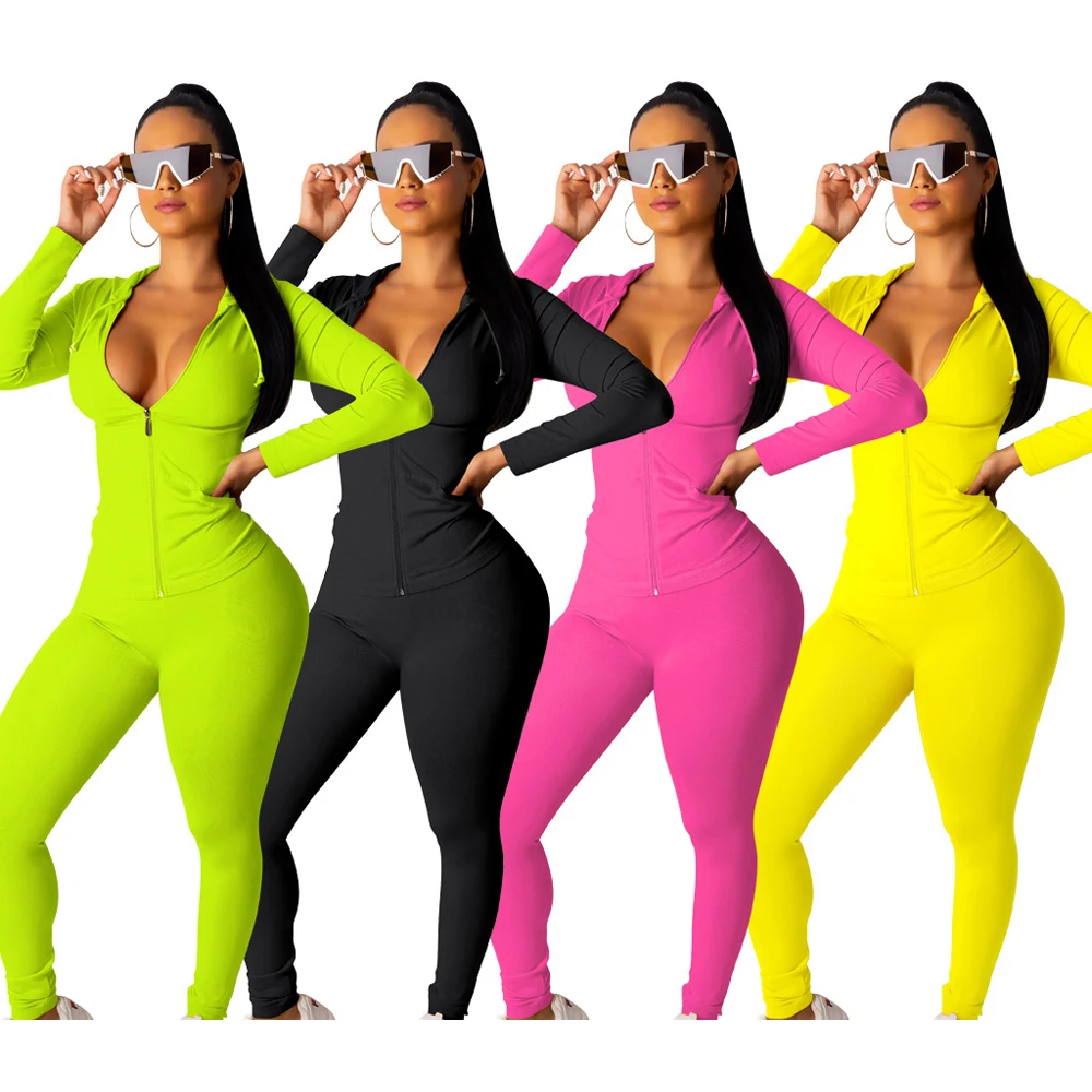 SA3833 wholesale autumn winter polyester hooded long sleeve casual two piece set ladies sweatsuit