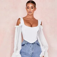 

Square Collar Ruffle Off Shoulder Puff Long Sleeve Chiffon Blouse