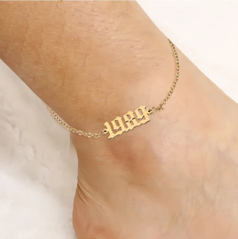 

316L Stainless Steel Anklets 18K Gold Plated Old English Arabic 1980-2000 Birthday Year Ankle Bracelets Foot Chain Jewelry