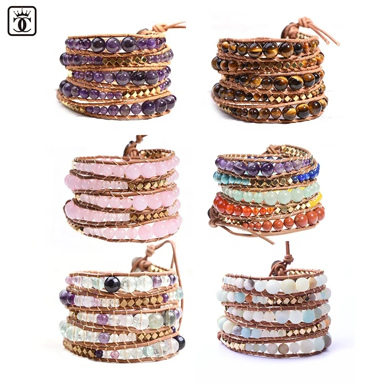 

Fashion Women Leather Bracelet Handmade Mixed Natural Stone bead Crystal Stone Charm 5 Strands Wrap Bracelets