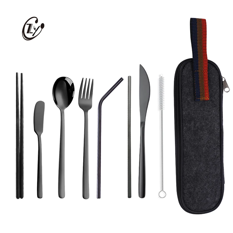 

Korean Stainless Steel Flatware Set Portable Travel Cutlery Set With Zipper Bag
