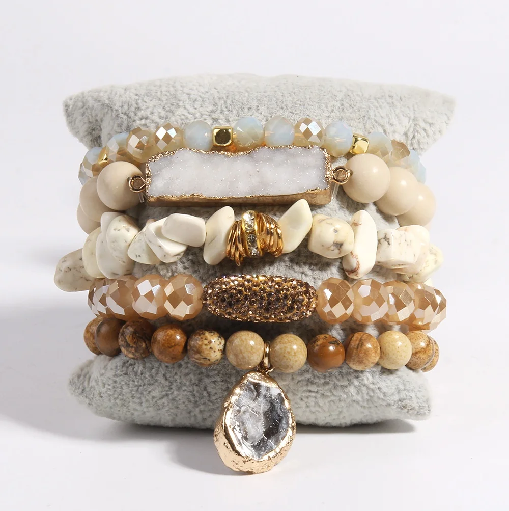 

New chip stone crystal glass beads natural gemstone bead bracelet set white druzy stack bracelet set