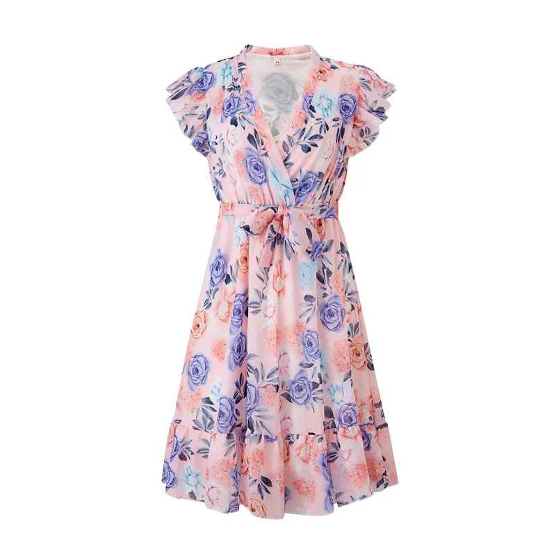 

New Arrival 2021 Summer Dress Elegant Women Light V-neck Ruffles Elastic Waist Lace Up Floral Mini A-line Streetwear Vestidos, As show