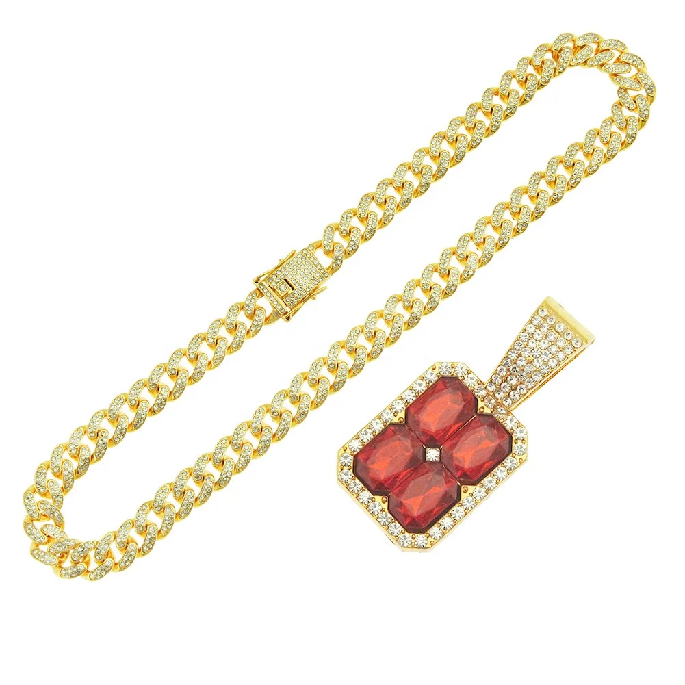 

SUNRAIN Bling Rhinestone Golden Finish Miami Cuban Link Chain Necklace with Zircon Pendant Men's Hip hop Necklace Jewelry