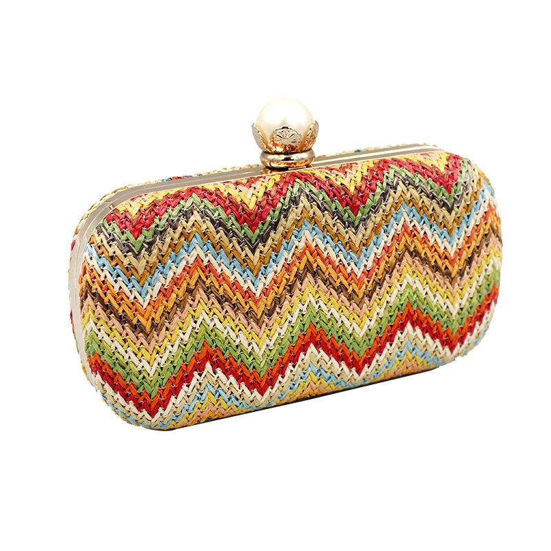 

Ladies Straw Woven Multi Colored Box Shape Clutches Wedding Bridal Party Messenger Clutch Bag Evening Bags