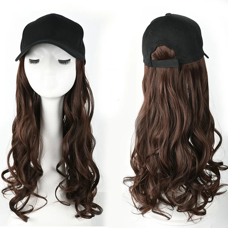 

New Product Black Brown 22 inch Long Wavy Synthetic cap with wig Baseball Hat with Wig, 4 colpours