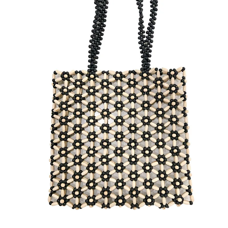 

Hand-woven beaded bag simple string pattern wooden bead handmade bag niche crossbody wooden bead bag