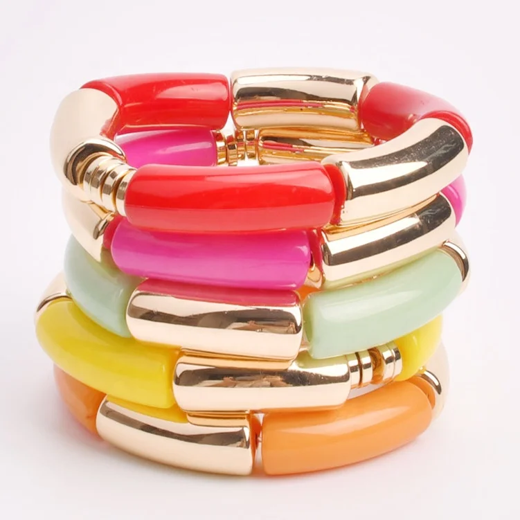 

High Polished Curved Tube Bracelet Trendy Colorful Acrylic Resin Lucite Beaded Elastic Bangle for Women