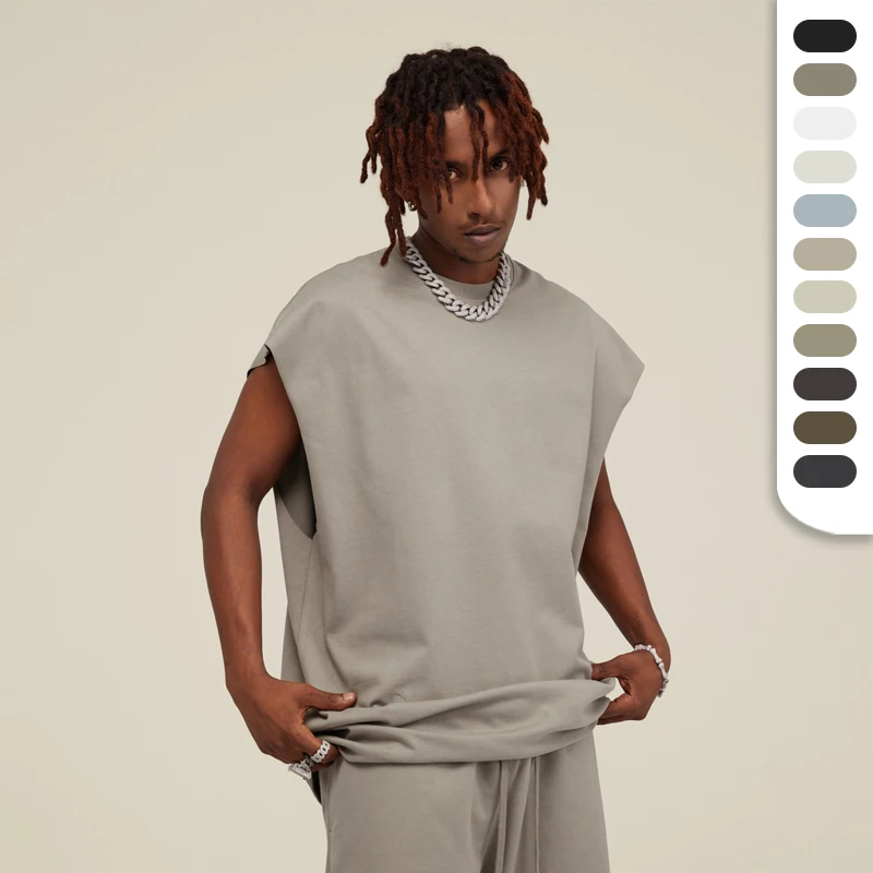 White Tank Top Men Custom LOGO 305GSM Cotton Sleeveless T Shirts Summer Gym Wearing Raw Edge Cuff Sleeveless T-shirts
