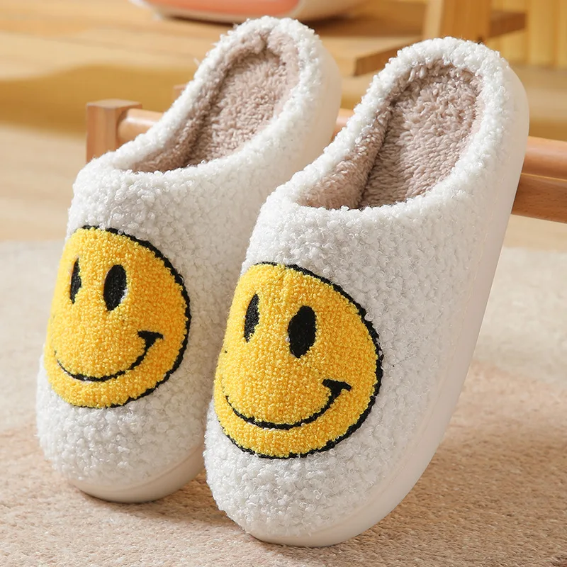 

Winter Fluffy Fur Couple Home Shoes Smile Face Indoor Slides Plush Fleece Flats Women Bedroom Black Slippers, White,black,yellow
