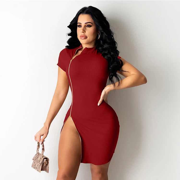 

Utility Woman Outfit Sexy Solid Short Sleeve Dresses With Zippers Fashionova Dress Women -PT, Red,gray,black,pink,light pink