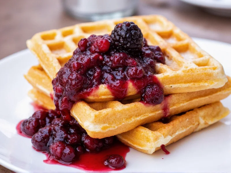 Stacked homemade waffles with berry compote