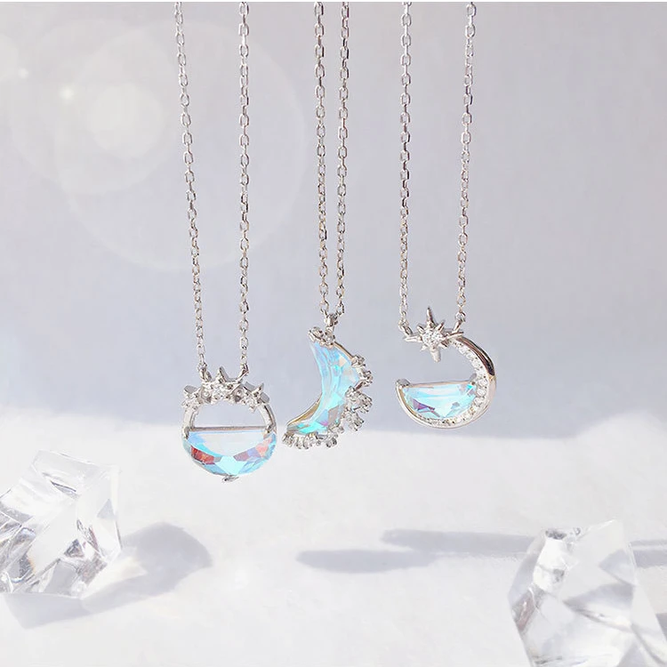 

Fashion S925 Sterling Silver Chain Crystal Moon Necklace For Women, As the picture