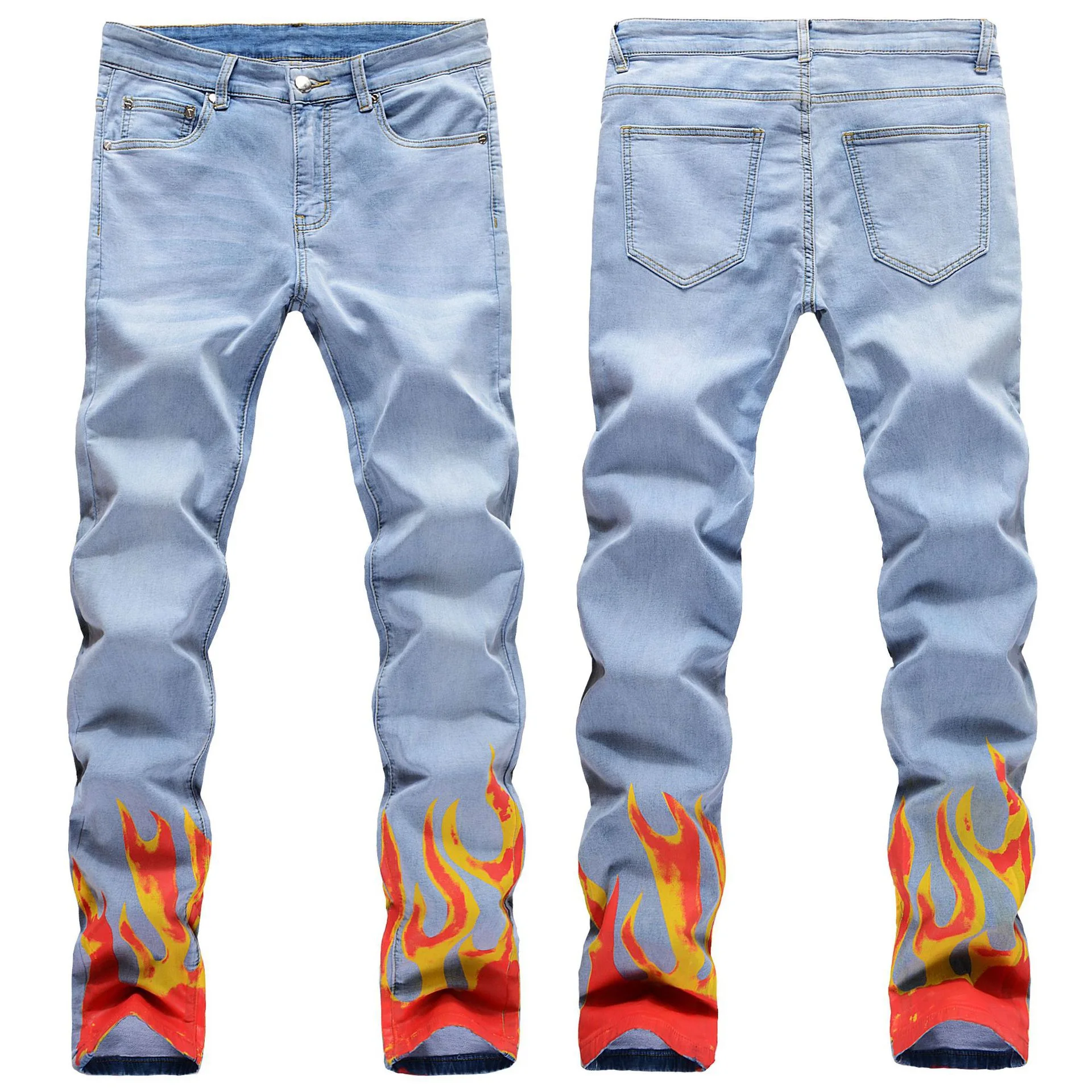 

Men's Fashion Flame Blue Printed Slim Straight Jeans