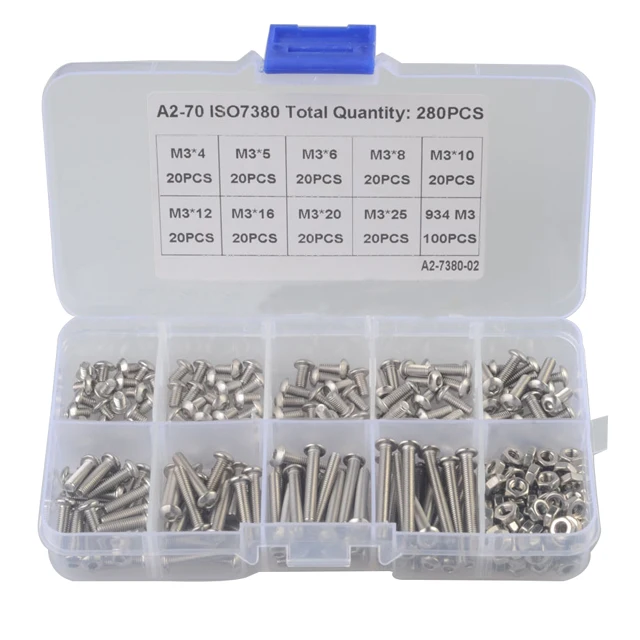 280PCS M3 Cross-border Special Stainless Steel 304 Pan Head Hexagon Screw and Nut Combination Box Set