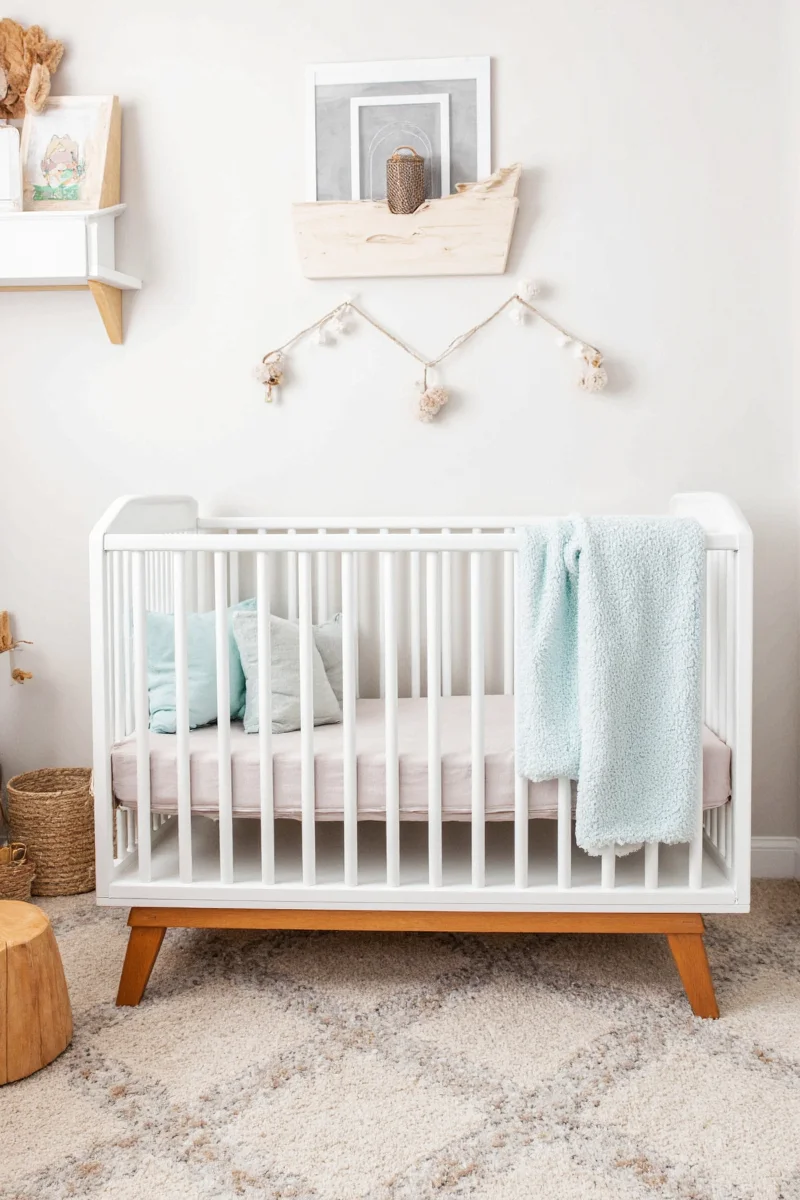 Baby room with pastel color scheme and floating shelves