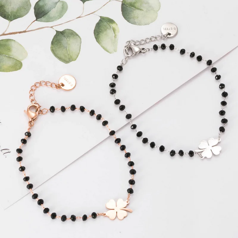 

Stainless Steel Black Crystal Beads Chain Bracelet Charms Rose Gold Heart Star Four Clover Friendship Bracelet Women Jewelry, Gold,rose gold,silver