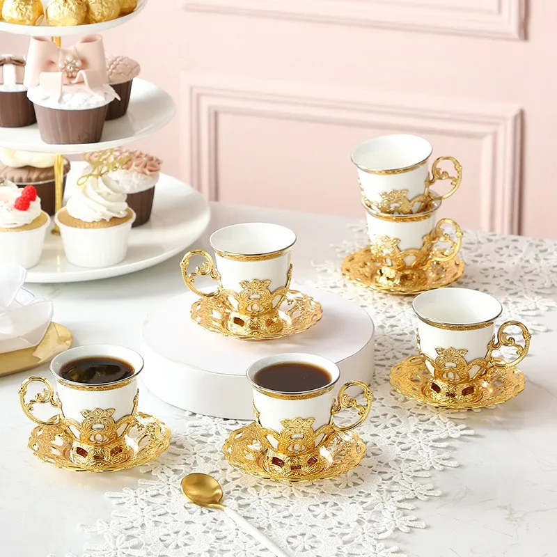 

Vintage Luxury 12pcs Gold Plated Turkish Ceramic Coffee Set Espresso Tea Cup Sets and Saucer Gift Set Wholesale 80ml, White ,pink