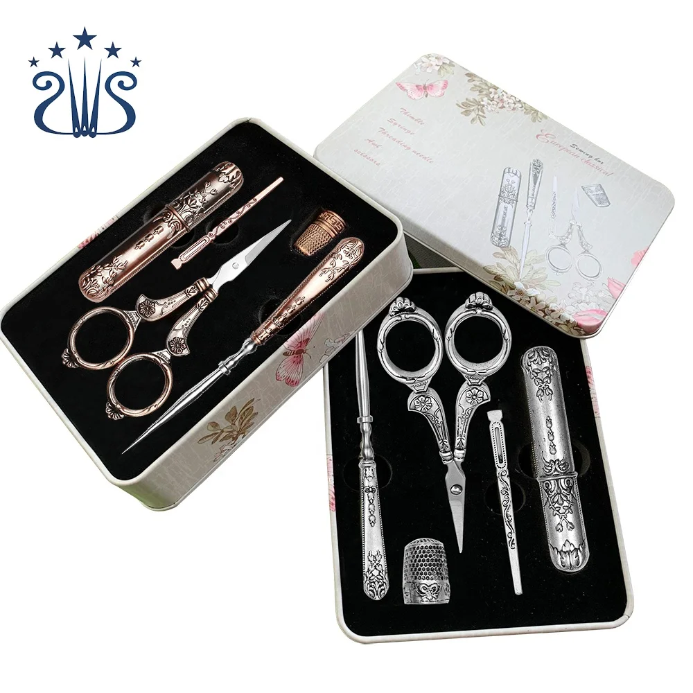 

Exquisite Vintage Beauty Embroidery sewing scissors Set with Metal Box