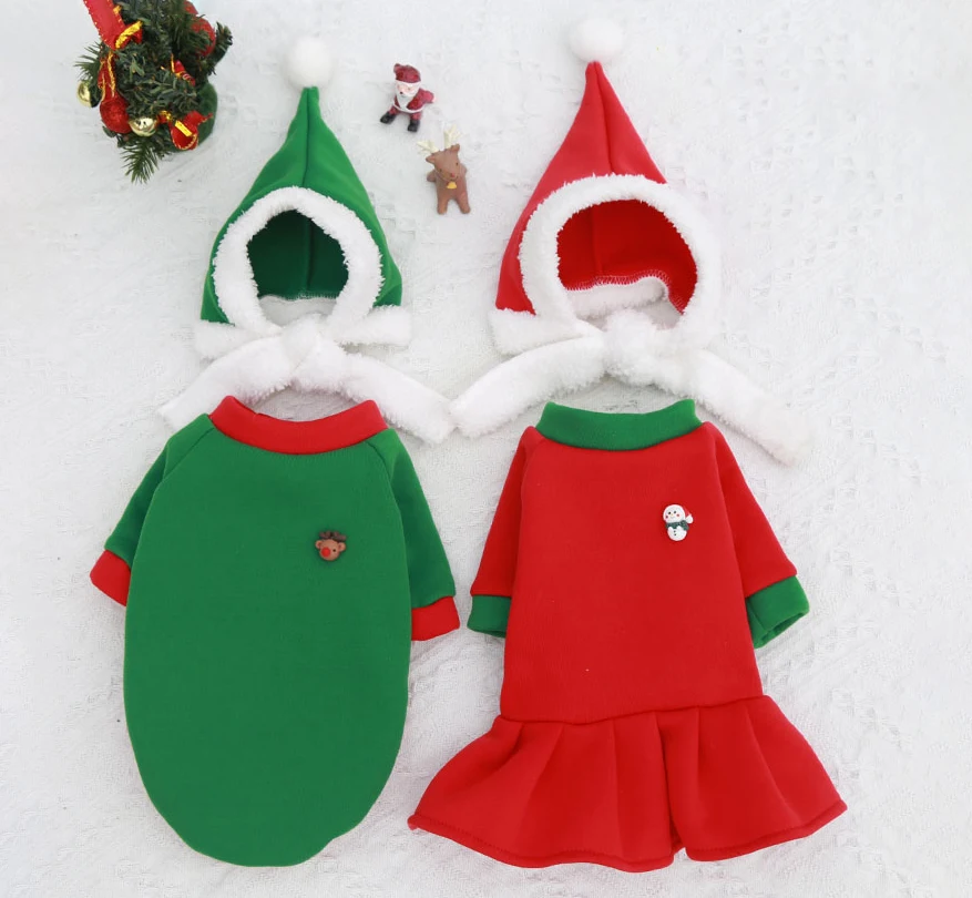 

Free sample design pet dog Christmas couple clothes skirt with hat set to keep warm French bulldog Christmas clothes