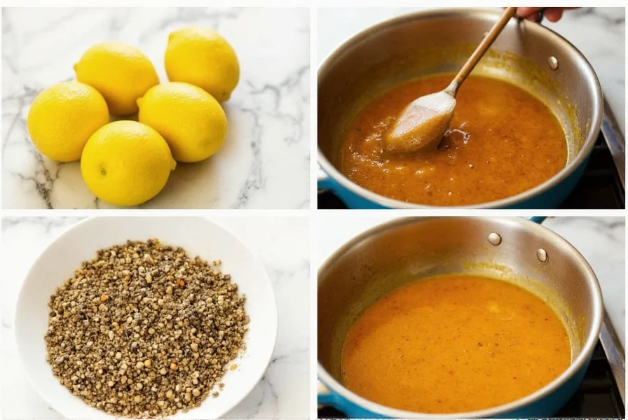 Step-by-step preparation of lemon pepper sauce showing fresh lemons, cracked pepper, and sauce in a skillet