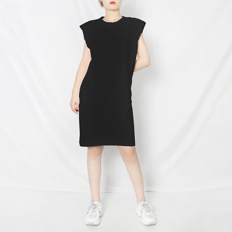 

CHICEVER Minimalist Casual Dress Women O Neck Sleeveless Knee Length Loose Summer Fashion Dresses New Clothing