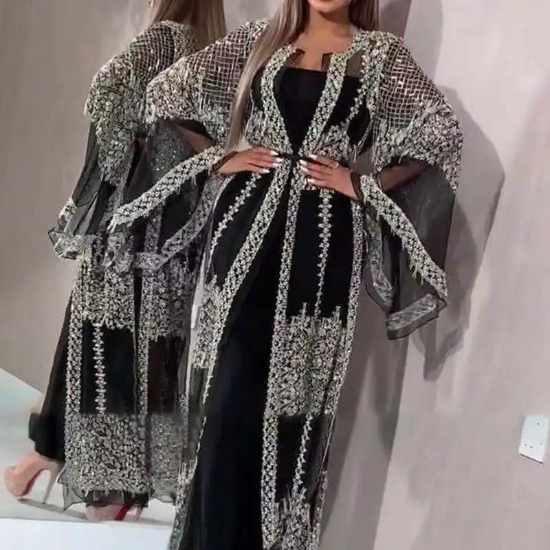 

2021 Wholesale africa Casual muslim prom Sexy Shawl Two-Piece Dress evening gowns Women Sequins mesh shawl party club, Picture color