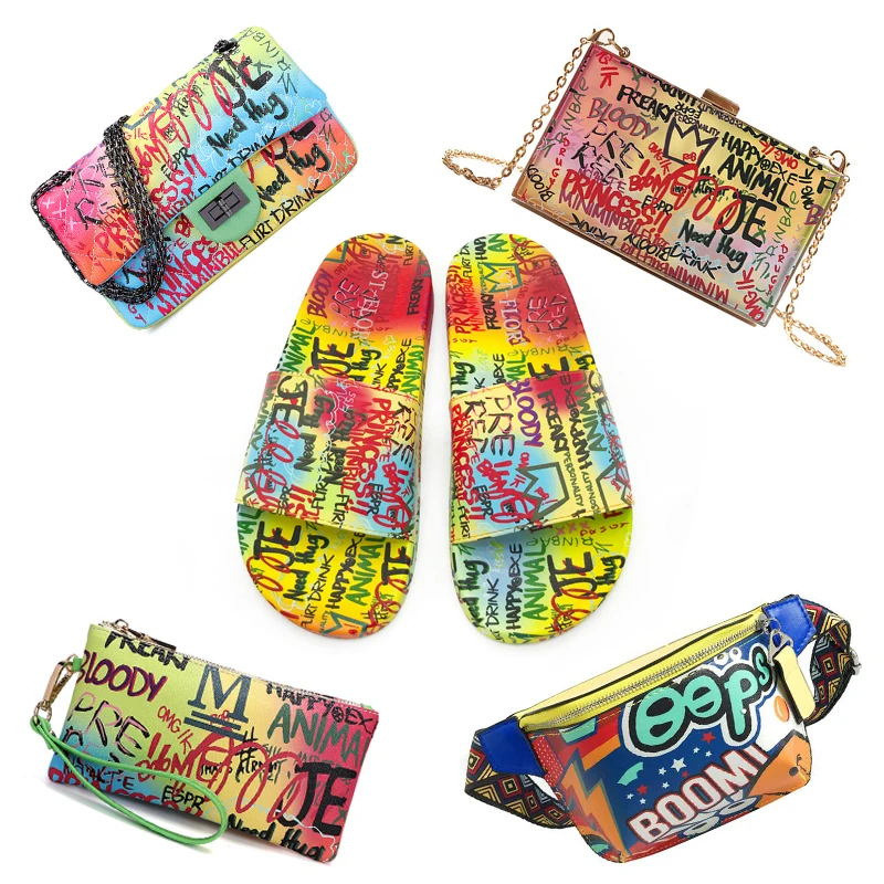 

2021 New arrivals luxury women's matching graffit handbags with shoes wholesales bag lady fashion women slippers and purse sets, Yellow,black