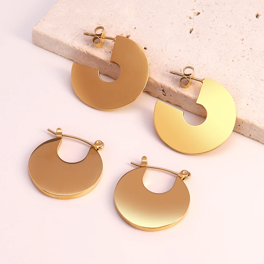 

Trendy Stainless Steel Flat Earrings Hypoallergenic Jewelry 18K Gold Plated Big Flat Earrings for Women
