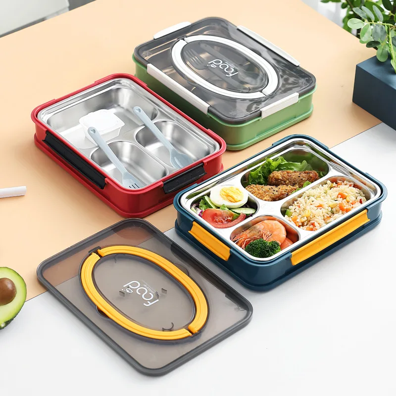 

Custom Portable metal insulated 3 compartment stainless steel lunch box with cutlery stainless steel food container bento box, Red/blue/green
