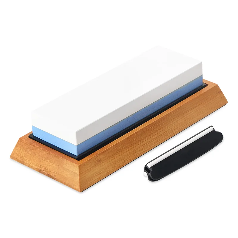 

High quality large double side diamond whetstone with bamboo base for knives, White blue