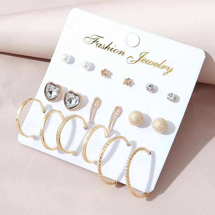 

Best Selling Real Gold Plating Round Hoop Earrings Pearl Ball Heart Flower Earring Set For Women