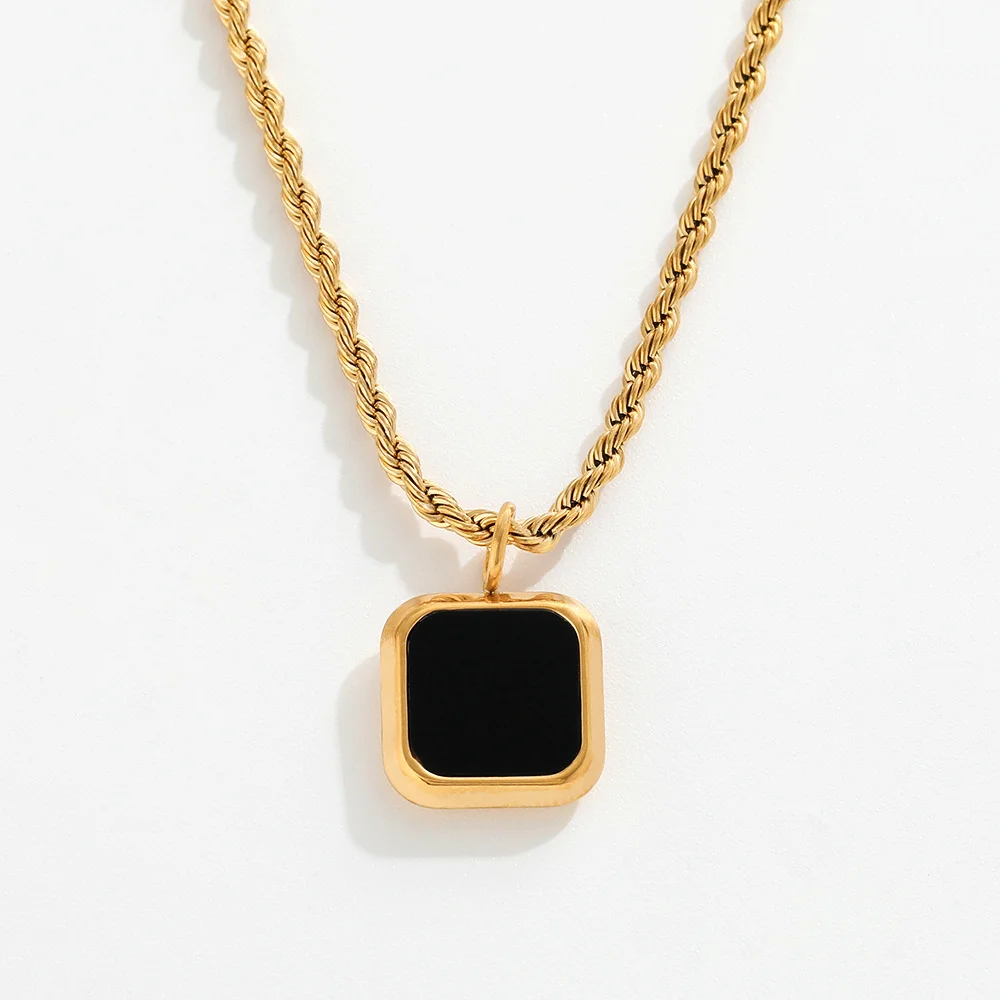 Joolim Rope Chain Square Black Onyx Pendant Necklace Stainless Steel Necklace Jewelry Wholesale Drop Shipping