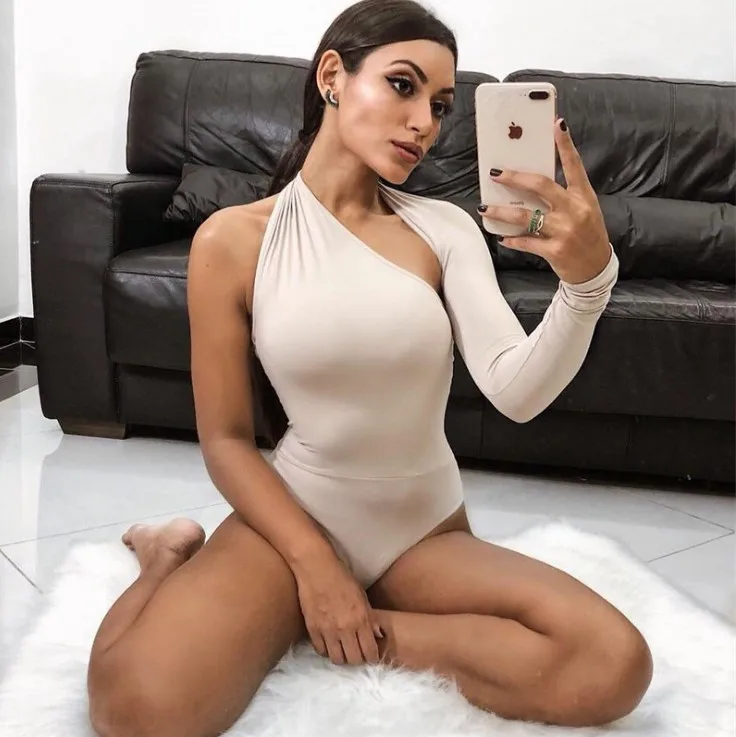 

Amazon OEM trendy Sexy one shoulder backless milk silk women bodysuit