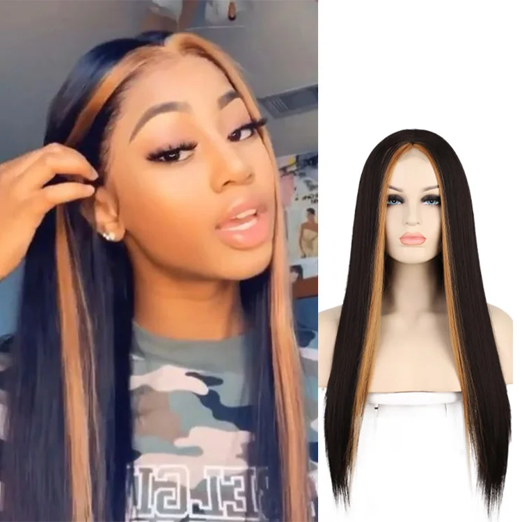 

Lace Front Wholesale Best Natural Hair Black With Blonde Highlights Wig Vendor In Bulk High Fiber Synthetic Wig For Black Women, Pic showed