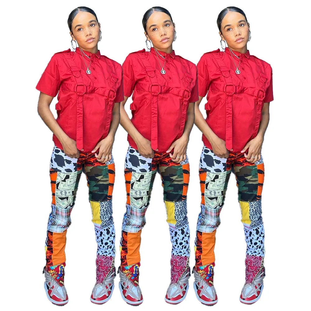 

2021 Women Summer Easy Match Printed Fashion Streetwear Casual High Waist Pencil Hem Slit Pant
