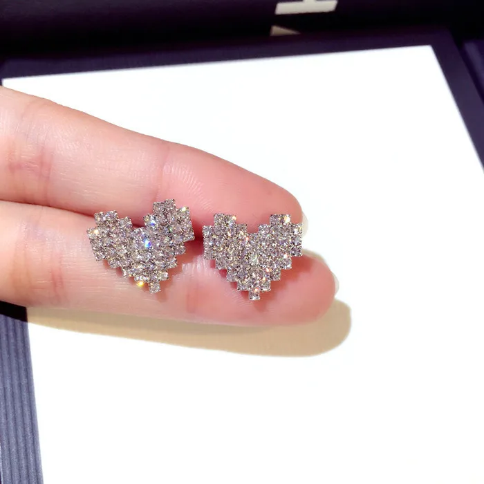 Sparkling Rhinestone 925 Sterling Silver Heart Stud Earrings Hypoallergenic Small Crystal Heart Shape Earrings