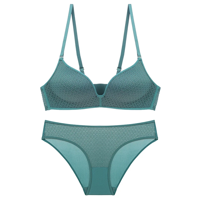 

2021 New design pure color bra wire free panty gather plaid seamless beautiful back underwear, 8colors