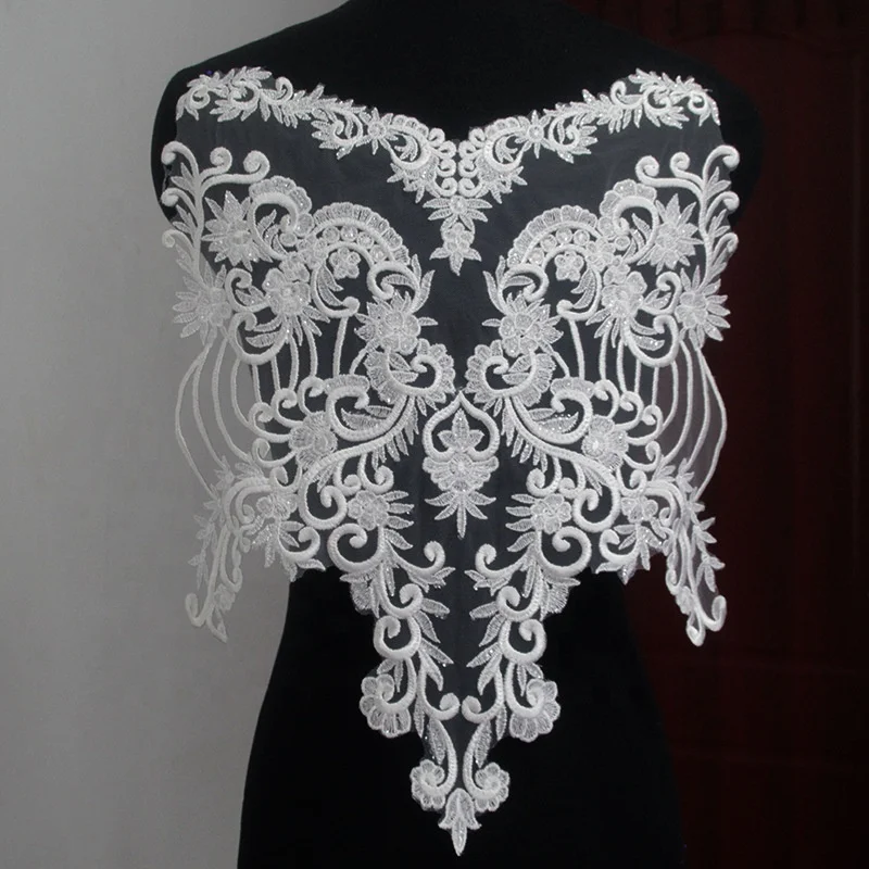 

Bridal embroidery white lace bodice applique flower for wedding dress, Accept customized color