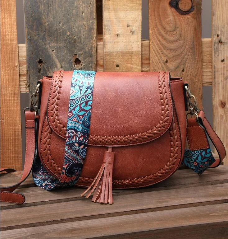 

Vintage Messenger Bag Leather Solid Color Leopard Double Shoulder Strap Tassel Cross Body Bag