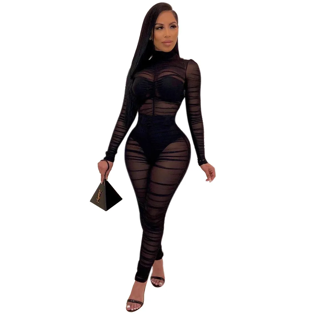 

PDEP Sexy mesh perspective pleated long sleeve jumpsuit