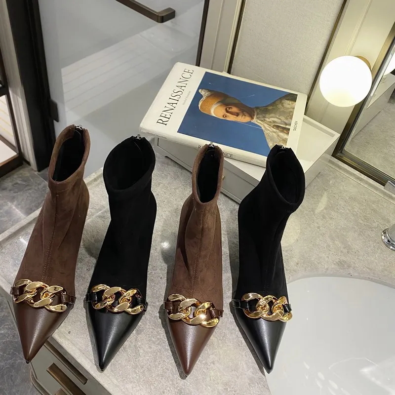 

2022 Autumn New Fashion Pointed Toe Metal Chain Decoration Women Ankle Boots Low Thin Heels Shoes Zipper Short Bootties Pumps