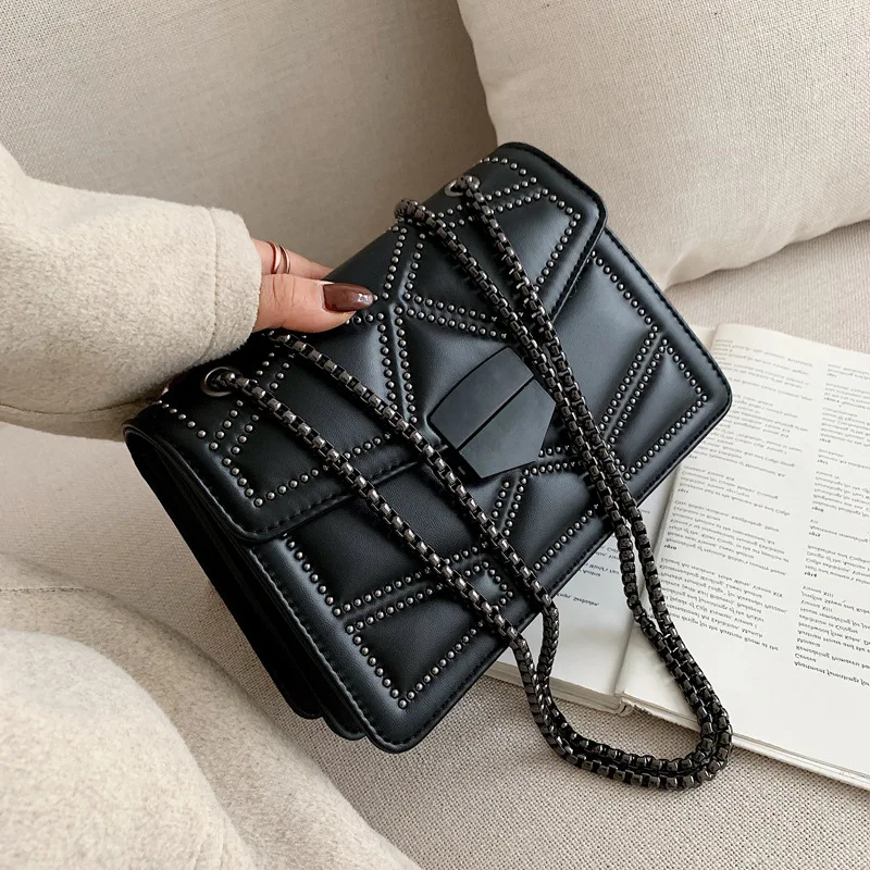 

Luxury Brand Personality Chain Lady Pu Leather Hand Bag Shoulder Bags Rivet Women Ladies Hand Bags