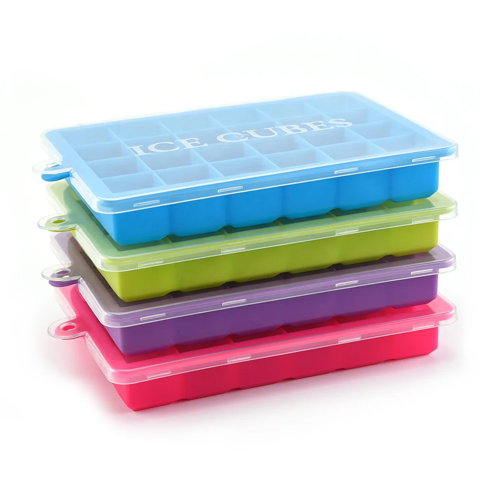 

Ice Cube Trays With Lids Flexible Easy Release Stackable 24 Cavity Silicone Ice Mold for Whiskey Cocktail BPA Free, Blue, green, purple, pink
