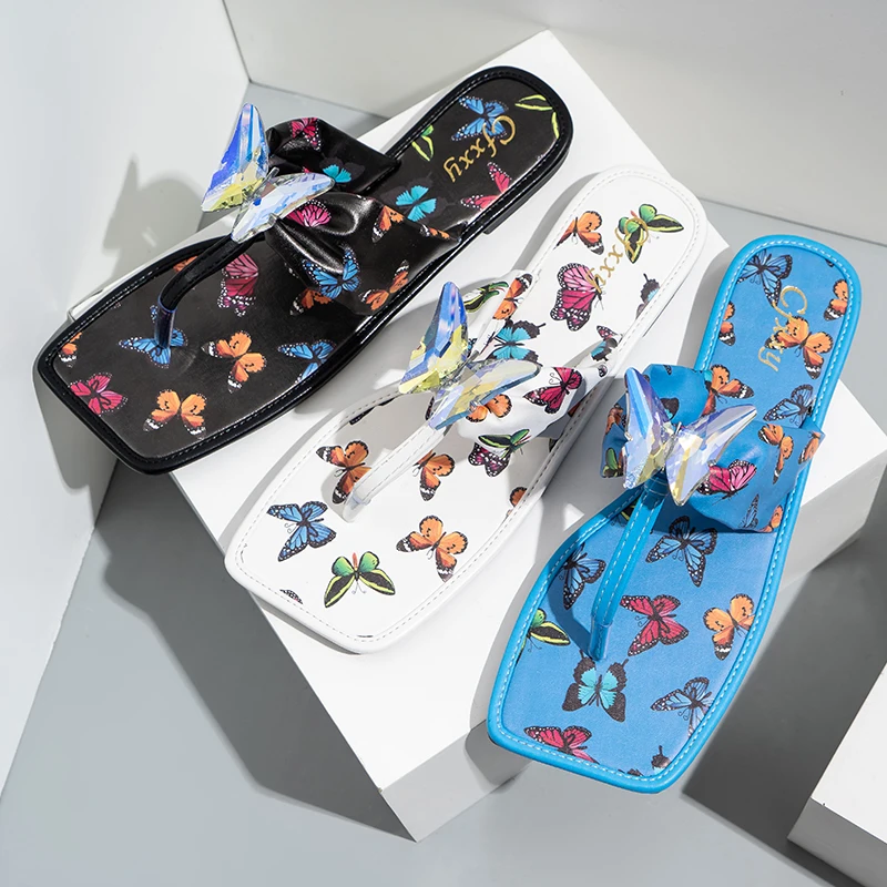 

2021 summer wholesale high quality women leather flip flops fashion rhinestone butterfly slippers outdoor flat casual shoes, 4 colors as picture