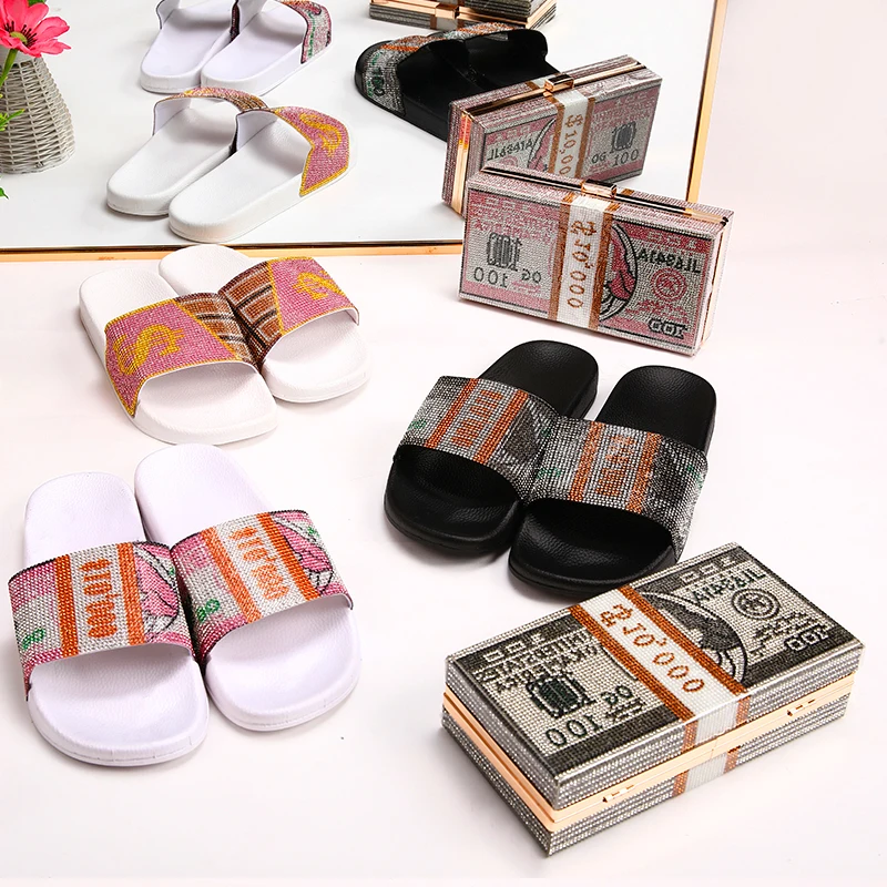 

Ladies Fashion Rhinestone Money matching bags set women handbag purse and slides set, Mix color