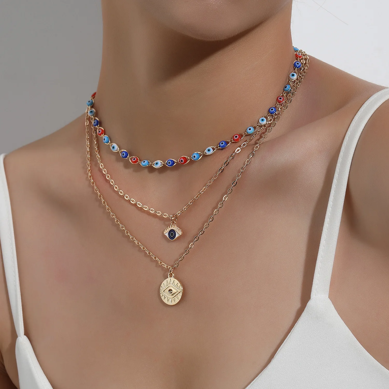

Gold Layered Women Long Choker Y Shape Multilayer Devil Eye Necklace