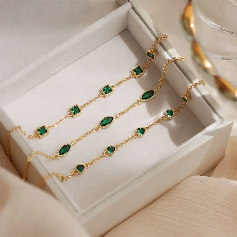 

Minimalist Green Zircon Luxury Bracelet For Women Diamond Gold Plated Bracelet With 925 Silver