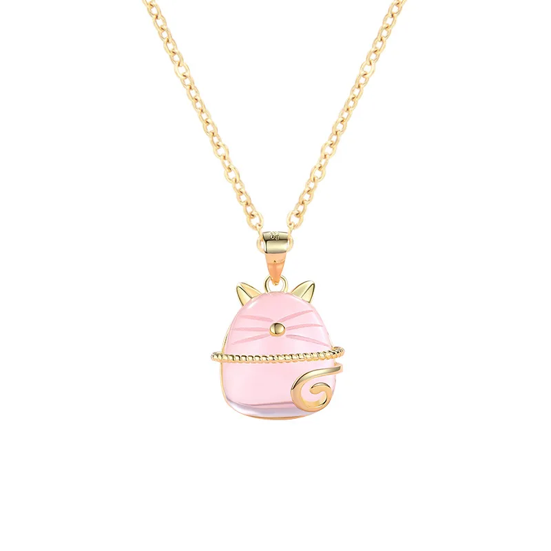 

925 Sterling Silver My Neighbor Totoro Necklace Female Pink Crystal Lucky Cat Pendant Temperament Simple Clavicle Chain
